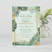 Chic Green Tropical Leaves Trendy Surprise Party Kaart (Staand voorkant)