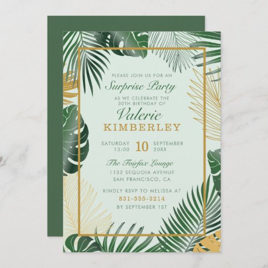 Chic Green Tropical Leaves Trendy Surprise Party Kaart (Voorkant / Achterkant)