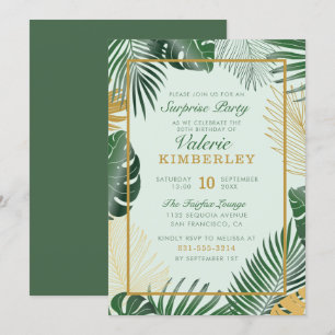 Chic Green Tropical Leaves Trendy Surprise Party Kaart