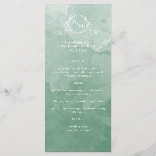 Chic Green Waterverf, Monogram Wedding Menu (Voorkant)