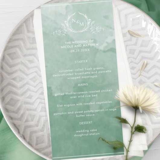 Chic Green Waterverf, Monogram Wedding Menu