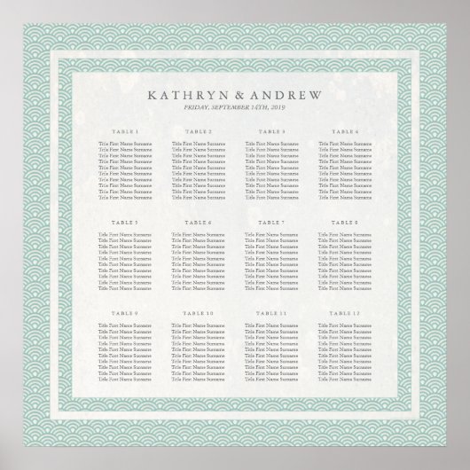 Chic Green+White Pattern Seigaiha Seating Chart Poster (Voorkant)