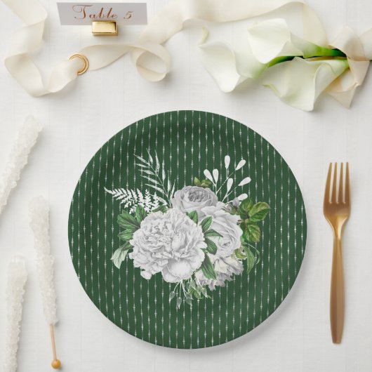 Chic Green White Roses Floral Papieren Bordje (Huwelijk)