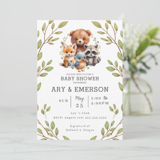 Chic Green Woodland Dieren Baby shower Kaart (Staand voorkant)