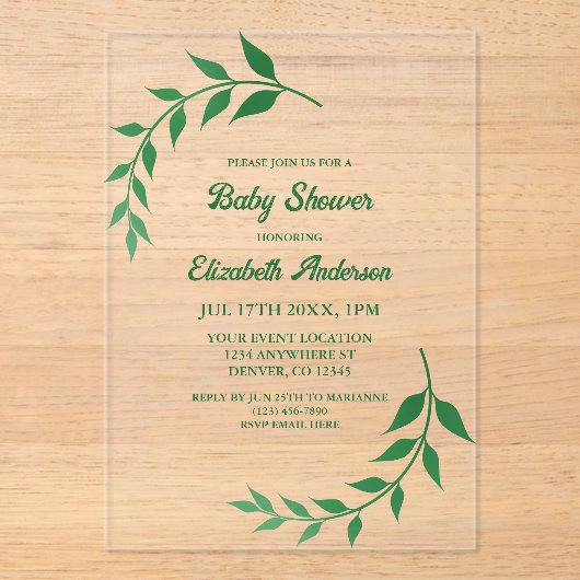 Chic Greenery Baby shower Acryl Uitnodigingen (Voorkant)