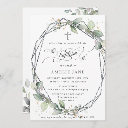 Chic Greenery Botanical Baptism Silver Geometric Kaart (Voorkant / Achterkant)