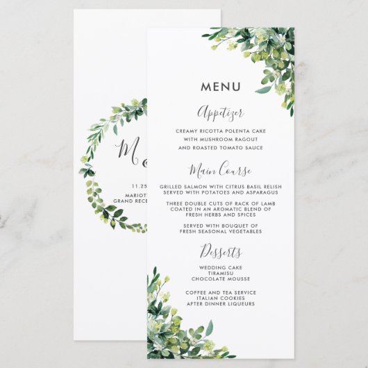 Chic Greenery Botanische Tuin Wedding Menu (Voorkant / Achterkant)