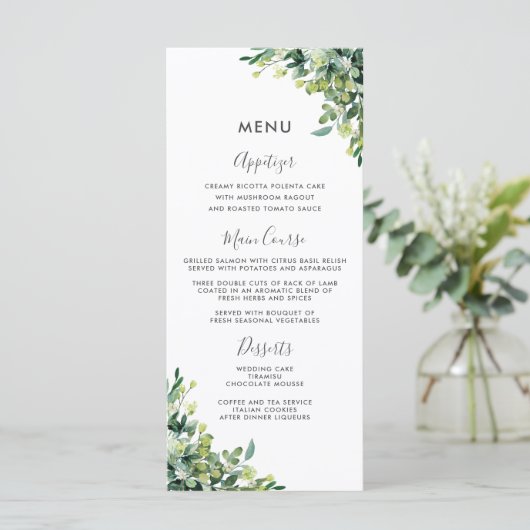 Chic Greenery Botanische Tuin Wedding Menu (Staand voorkant)