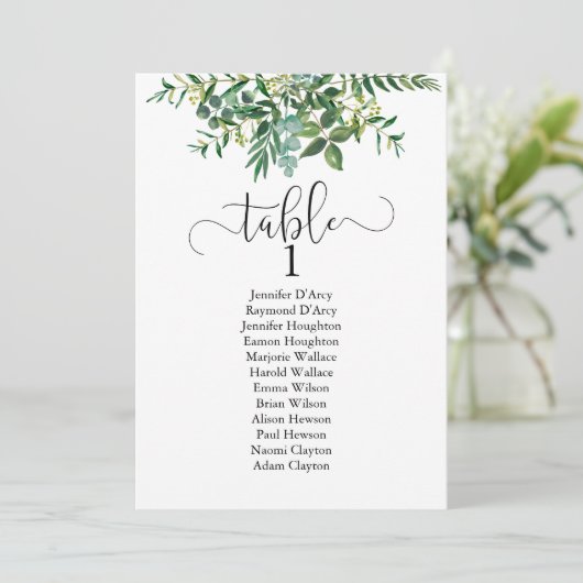 Chic greenery bruiloft tabelplan, modern lettertyp kaart (Staand voorkant)
