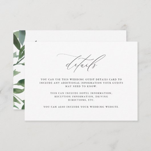 Chic Greenery Calligraphy Wedding Guest Detail Informatiekaartje (Voorkant / Achterkant)