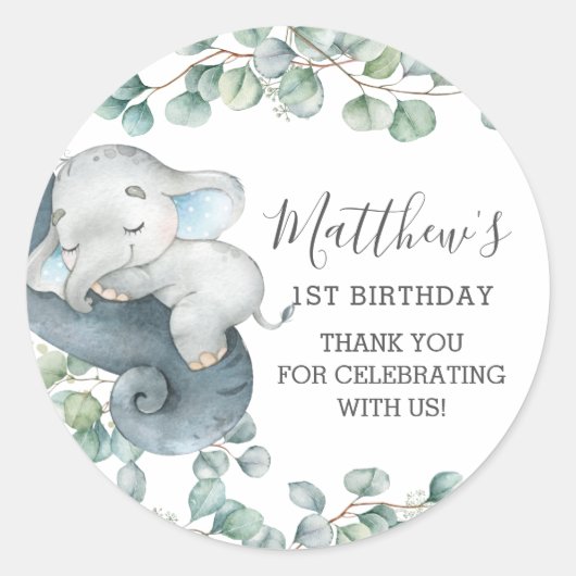 Chic Greenery Cute Elephant Boy Dank je wel Ronde Sticker (Voorkant)