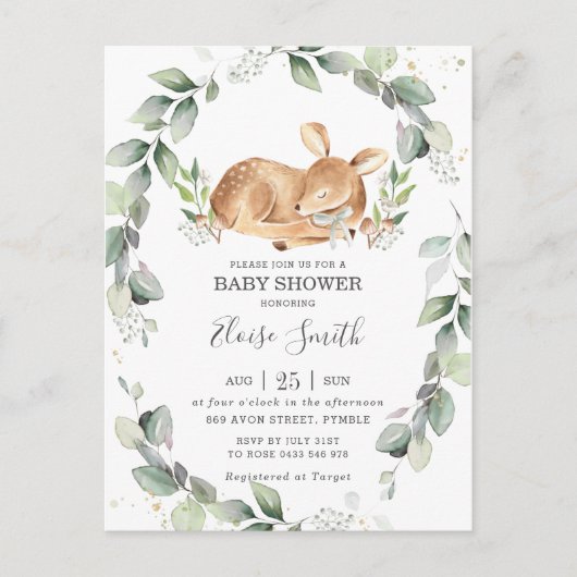 Chic Greenery Deer Baby shower Neutrale Uitnodigin Briefkaart (Voorkant)
