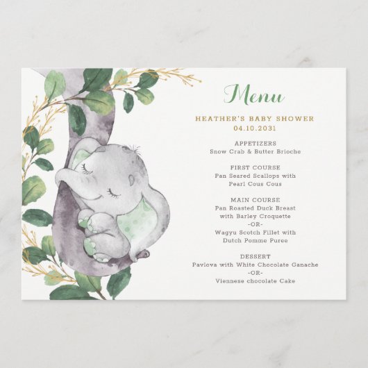 Chic Greenery Elephant Gender Neutral Baby shower Menu (Voorkant)