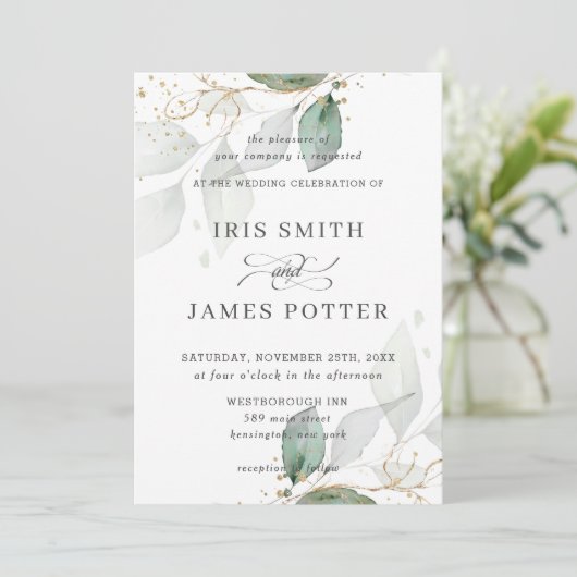 Chic Greenery Foliage Gouden Kalligrafie Trouwen Kaart (Staand voorkant)
