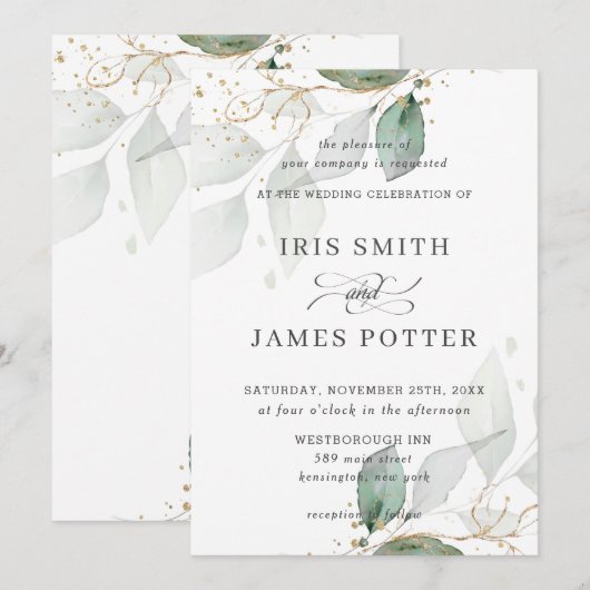 Chic Greenery Foliage Gouden Kalligrafie Trouwen Kaart (Voorkant / Achterkant)
