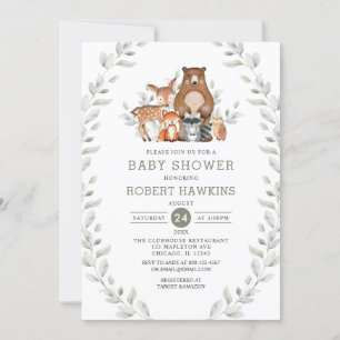 Chic Greenery Forest Woodland Animals Baby shower Kaart