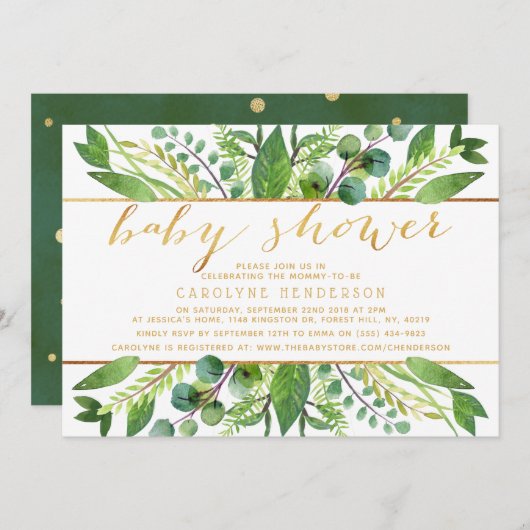 Chic Greenery & Gold Foil neutraal Baby shower Kaart (Voorkant / Achterkant)
