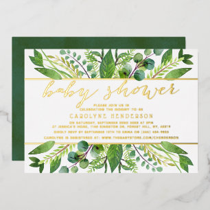 Chic Greenery & Gold Foil neutraal Baby shower Rea Folie Uitnodiging