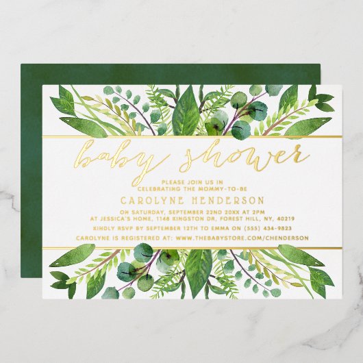 Chic Greenery & Gold Foil neutraal Baby shower Rea Folie Uitnodiging (Voorkant / Achterkant)