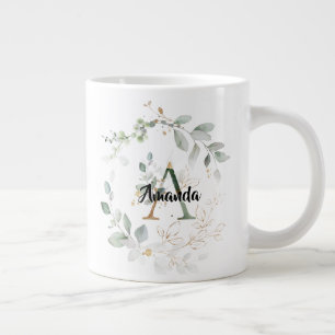 Chic Greenery & Gold Monogram Initiaal "A" w/naam Grote Koffiekop