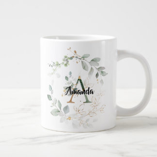 Chic Greenery & Gold Monogram Initiaal "A" w/naam Grote Koffiekop