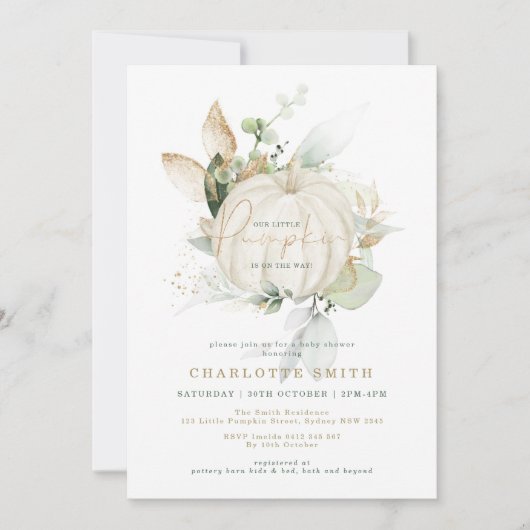 Chic Greenery Gold Pumpkin Autumn Herfst Baby show Kaart (Voorkant)