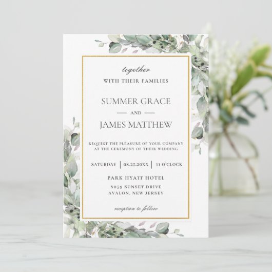 Chic Greenery Gold Sage Green Foliage Wedding Kaart (Staand voorkant)