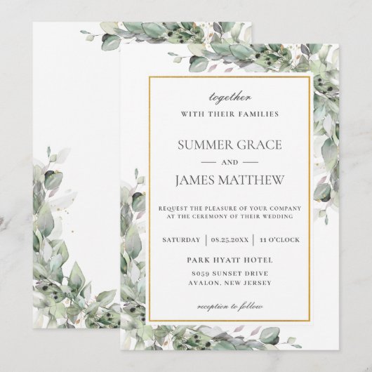 Chic Greenery Gold Sage Green Foliage Wedding Kaart (Voorkant / Achterkant)