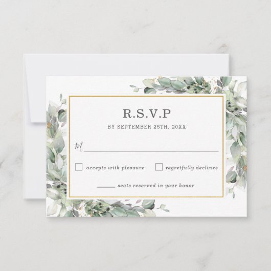 Chic Greenery Gold Sage Green Foliage Wedding RSVP Kaartje (Voorkant)