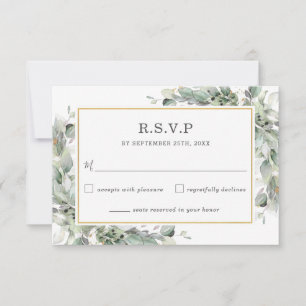 Chic Greenery Gold Sage Green Foliage Wedding RSVP Kaartje