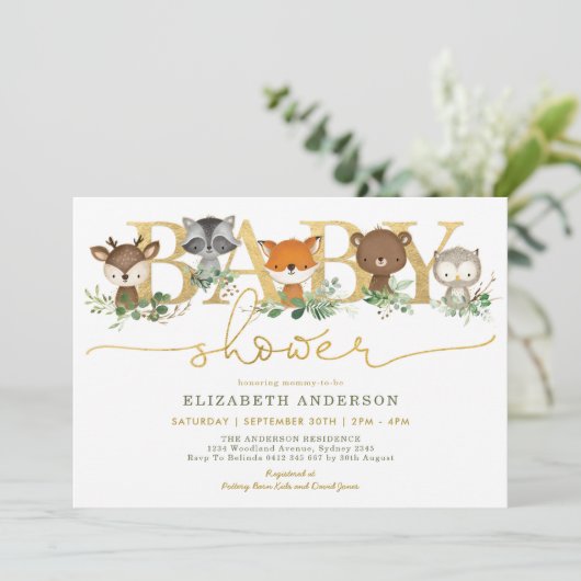 Chic Greenery Gold Woodland Forest Baby shower Kaart (Staand voorkant)