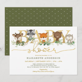 Chic Greenery Gold Woodland Forest Baby shower Kaart