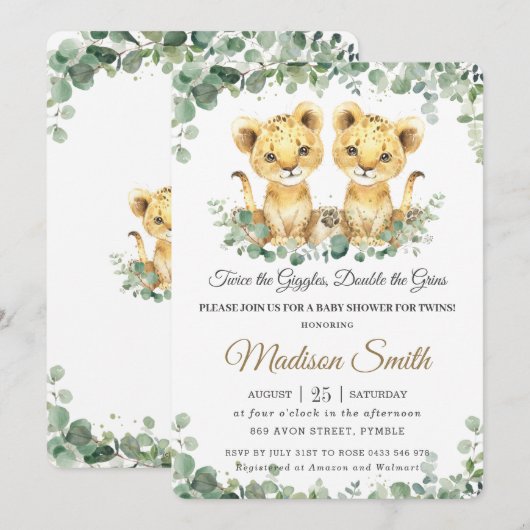Chic Greenery Lion Cubs Twins Boys Baby shower Kaart (Voorkant / Achterkant)