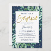 Chic Greenery Navy Blue Gold Surprise Birthday Kaart (Voorkant)