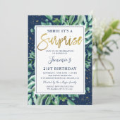 Chic Greenery Navy Blue Gold Surprise Birthday Kaart (Staand voorkant)