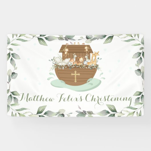 Chic Greenery Noah's Ark Baptism Welkomstachtergro Spandoek (Horizontaal)