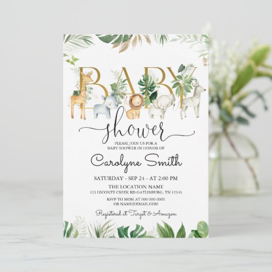 Chic Greenery Safari Animals Baby shower Kaart (Staand voorkant)