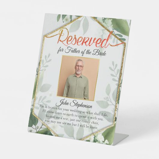 Chic Greenery Save a Seat Photo Weddenorial Reclamebord Met Voetstuk (Voorkant)