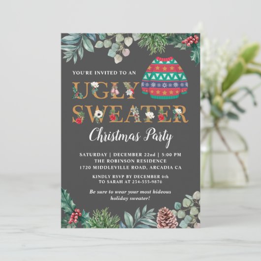Chic Greenery Ugly Sweater Kerstparty Kaart (Staand voorkant)