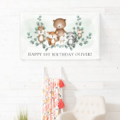 Chic Greenery Woodland Animal Happy Birthday Party Spandoek (Insitu)
