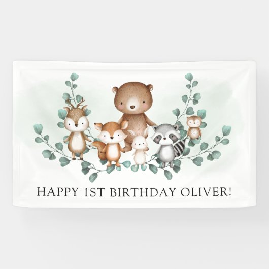 Chic Greenery Woodland Animal Happy Birthday Party Spandoek (Horizontaal)