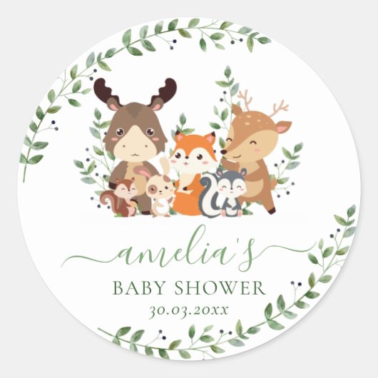 Chic Greenery Woodland Animals Baby shower Favor Ronde Sticker (Voorkant)