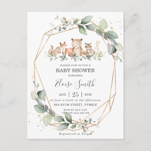 Chic Greenery Woodland Animals Baby shower Neutraa Briefkaart (Voorkant)