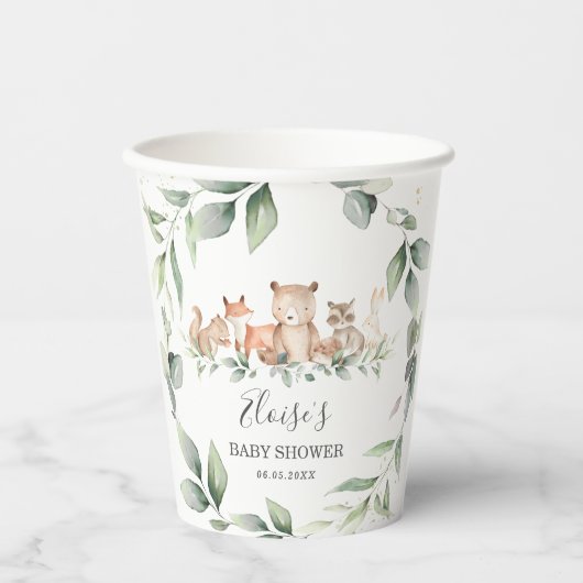 Chic Greenery Woodland Animals Baby shower Neutraa Papieren Bekers (Voorkant)