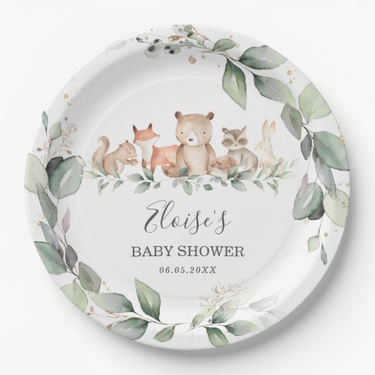 Chic Greenery Woodland Animals Baby shower Neutraa Papieren Bordje (Voorkant)
