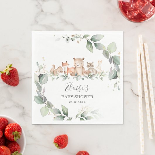 Chic Greenery Woodland Animals Baby shower Neutraa Servet (Insitu)