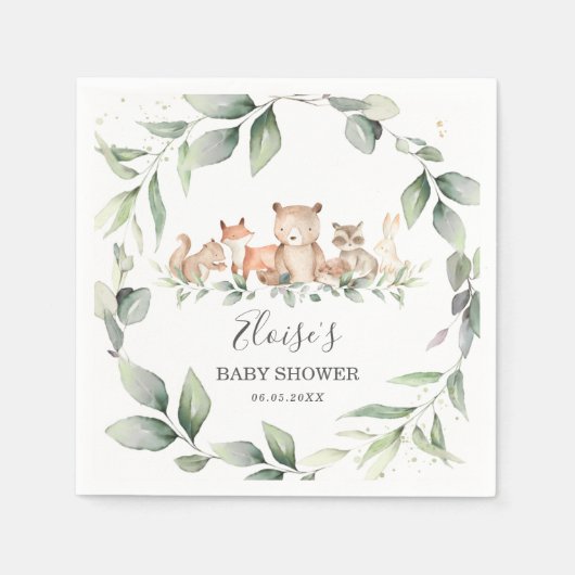 Chic Greenery Woodland Animals Baby shower Neutraa Servet (Voorkant)