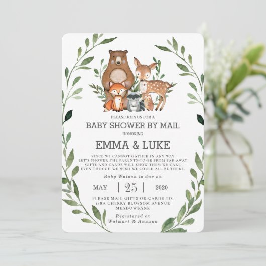 Chic Greenery Woodland Animals Baby shower per pos Kaart (Staand voorkant)