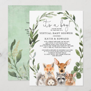 Chic Greenery Woodland Animals Virtual Baby shower Kaart