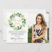 Chic Greenery Wreath Gold Glitter Afstuderen Foto Bedankkaart (Voorkant)